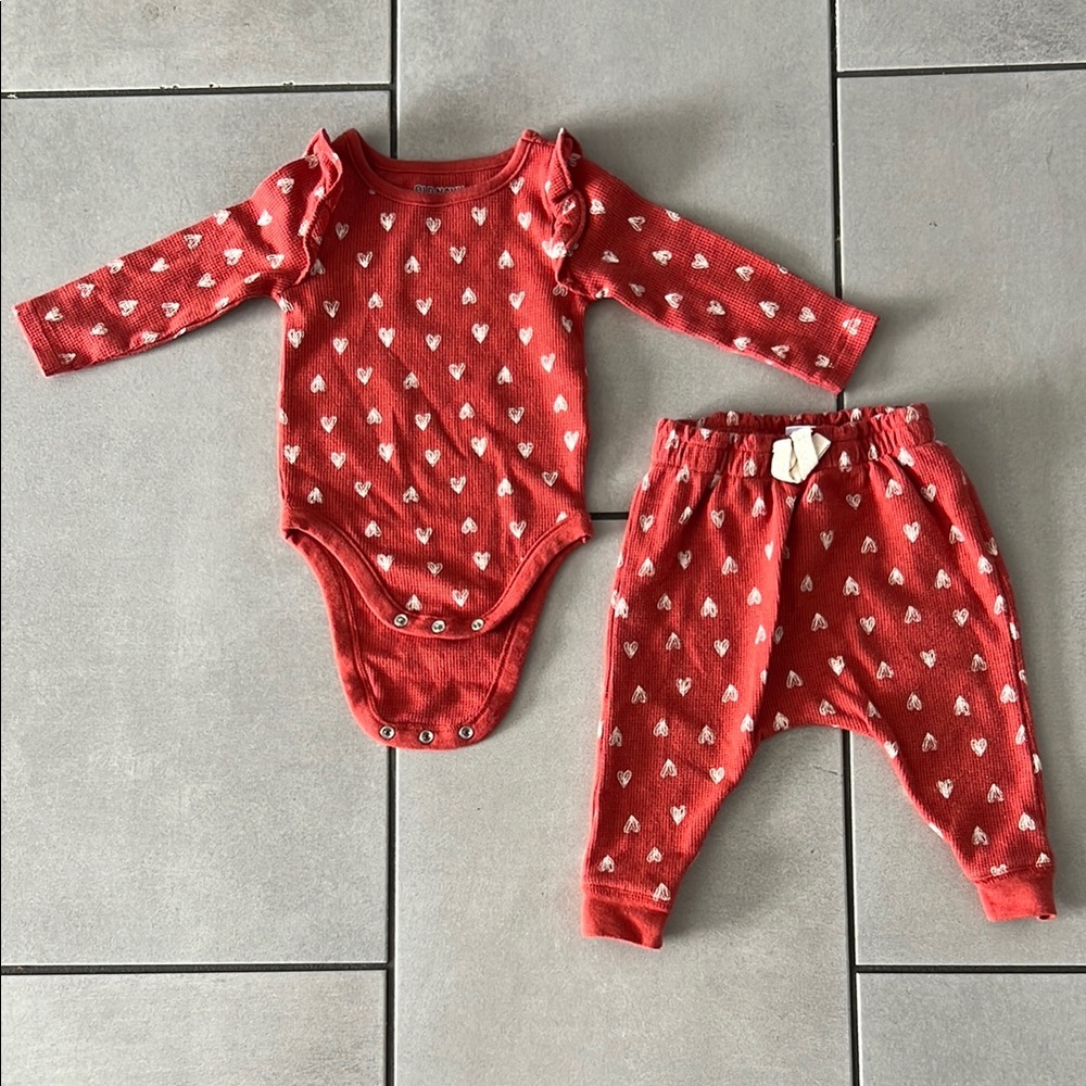Old Navy 6-12 mo Red and cream heart pattern long sleeved onesie & pants bundle